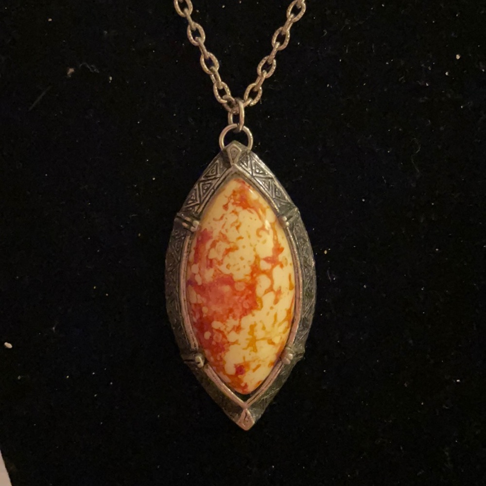 Vintage Unique Stone Long Silver Necklace